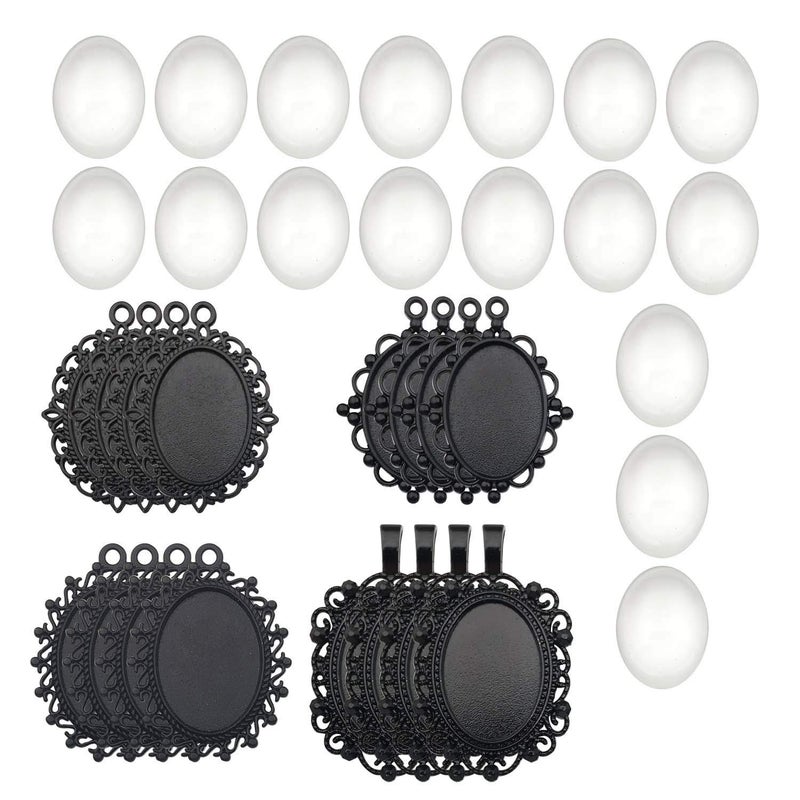 Youdiyla 16 Sets 18x25mm Photo Pendant Trays Kits with Matching Glass Cabochon, Black Tone, Base Setting Blank Bezel Frame Cameo (HM181) - Image 1
